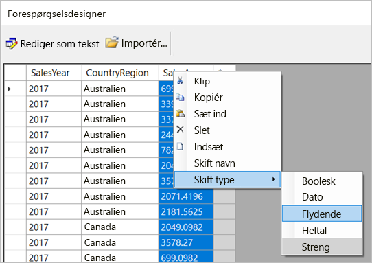 Screenshot of the Change data type options.