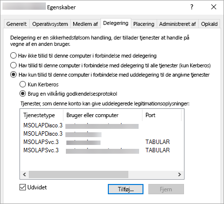 Screenshot of Power B I Reports showing Delegation tab of Properties window.