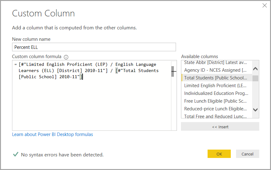 Custom Column dialog box, Power Query Editor, Power BI Desktop
