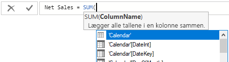 Skærmbillede af valg af kolonner til SUM-formlen.