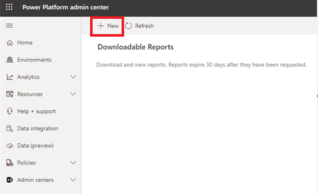 Billede, der viser siden Download rapporter i Power Platform Administration og fremhæver knappen til oprettelse af en ny downloadrapport.