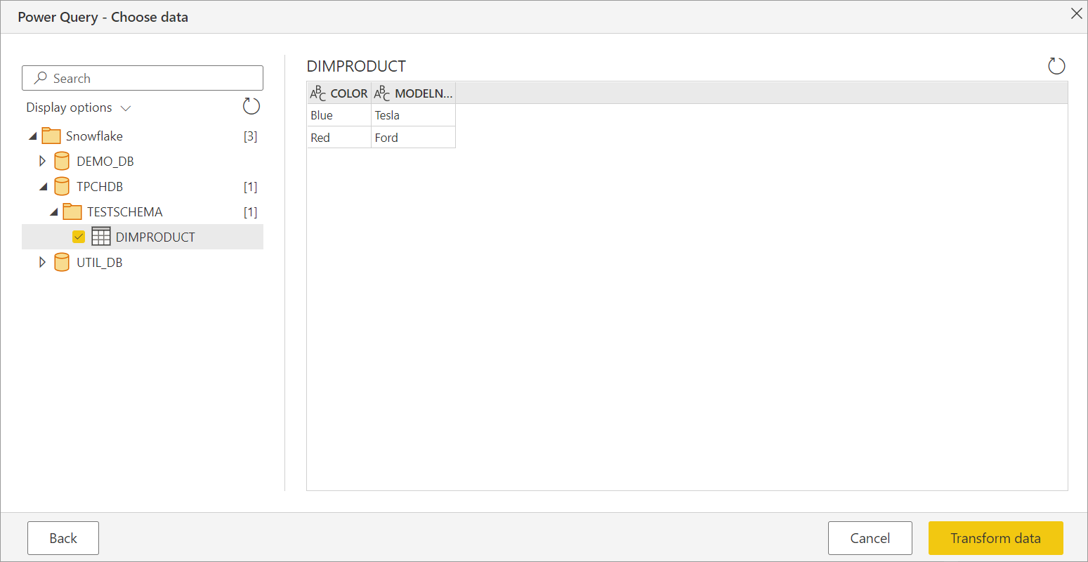 Skærmbillede af online navigatoren, hvor testskemadatabasen er åben, og tabellen DimProduct er valgt.