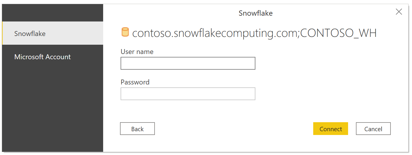 Skærmbillede af prompten med Snowflake-legitimationsoplysninger, der viser felterne Brugernavn og Adgangskode.