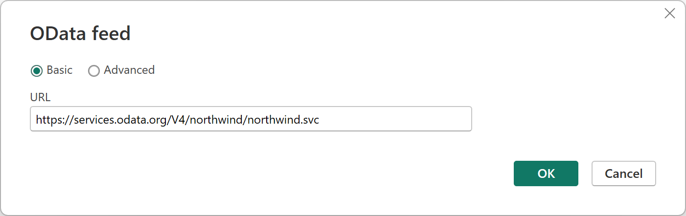 Skærmbillede af dialogboksen Hent data i OData-feedet med det Northwind-websted, der er angivet som URL-adressen.
