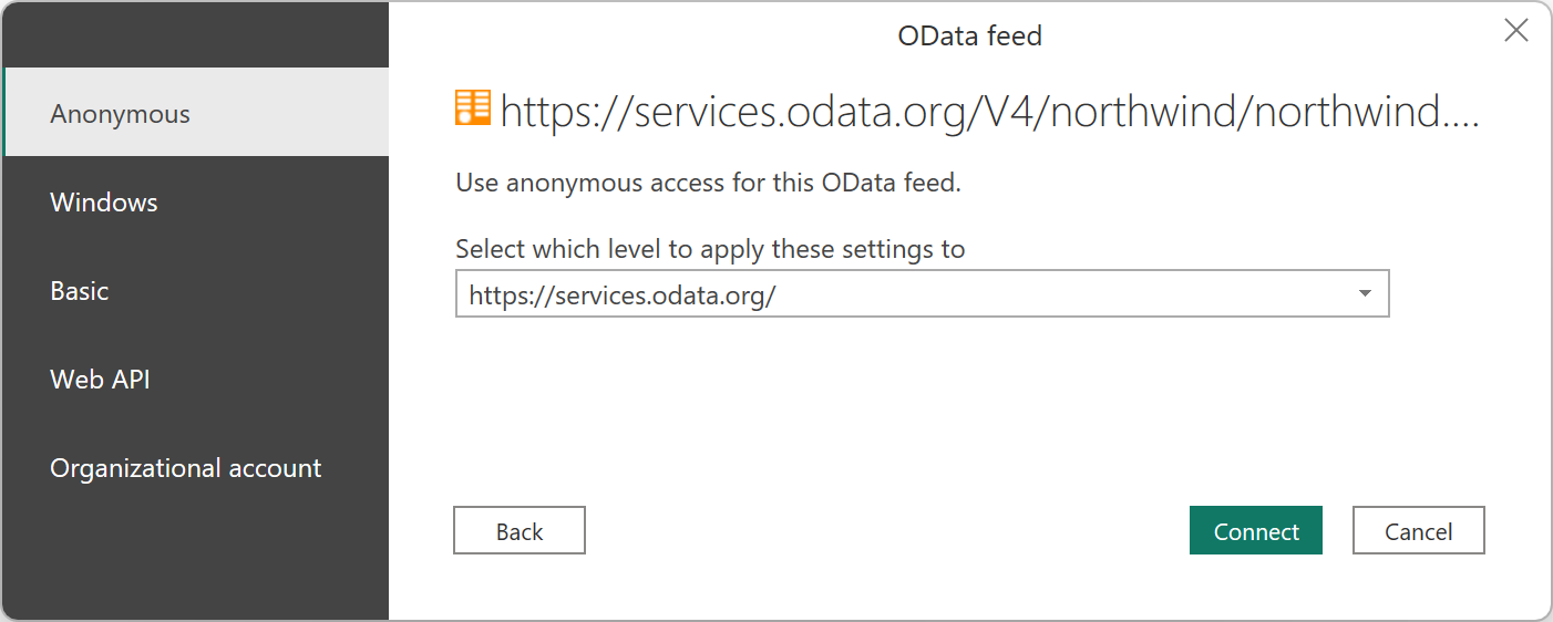 Skærmbillede af godkendelsesdialogboksen for et OData-feed i Power Query Desktop.