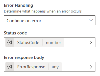 Skærmbillede af fejlhåndtering konfigureret til at fortsætte ved fejl med variabler angivet for statuskode og brødtekst for fejlrespons.