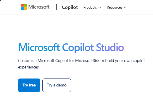 Skærmbillede af placeringen af knappen Prøv gratis på Microsoft Copilot Studio-introduktionswebstedet.