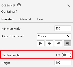 Flexible height-egenskab slået fra for containeren.