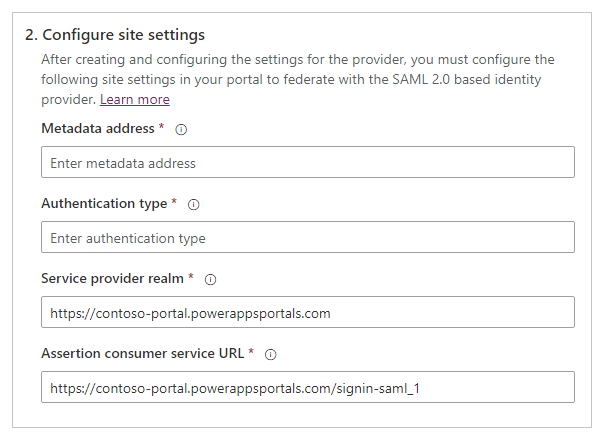 Konfigurer indstillinger for SAML 2.0.-websted.