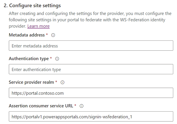 Konfigurer indstillinger for WS-Federation-websted.