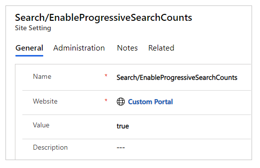 Indstillingen Progressiv søgning for websted for Search/EnableProgressiveSearchCounts er angivet til true.