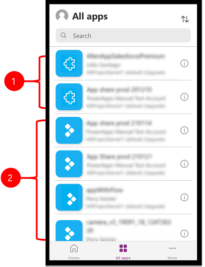 Brugergrænsefladen på Power Apps-mobil med modelbaserede apps og lærredsapps.