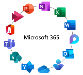 Microsoft 365-appikoner i en cirkel farvet ud, hvor Stream deltager i cirklen