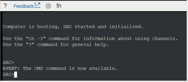 Screenshot of the output of the command for connecting to the serial console, which prompts SAC>.