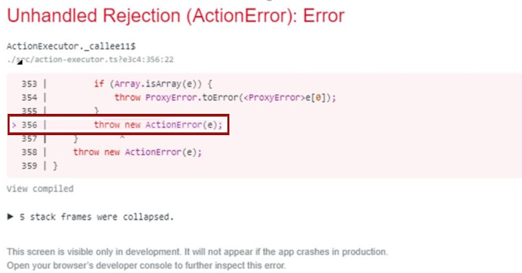 Screenshot that shows an Unhandled Rejection Action error.