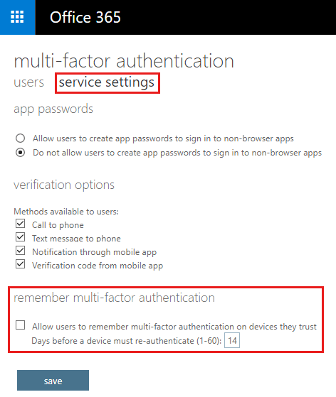 Screenshot of the remember multifactor authentication option details.