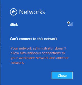 Screenshot of automatic connection management error message.