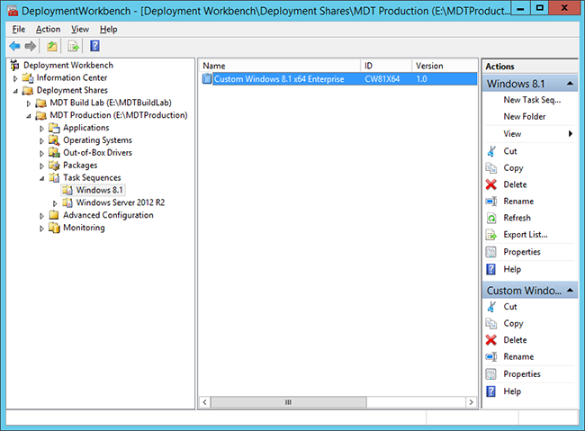 The Deployment Workbench in, showing a task sequence.