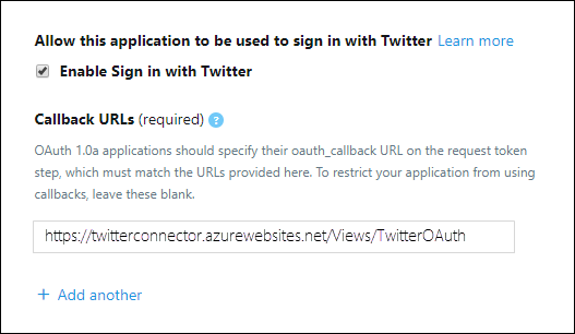 Ermöglichen Sie der Connector-App die Anmeldung bei Twitter, und fügen Sie den OAuth-Umleitungs-URI hinzu.
