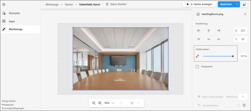 Screenshot: Option zum Ändern der Größe zum Ausrichten des Bilds in Scene Studio