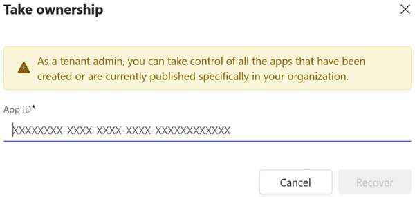 Screenshot: Beispiel eines Mandantenadministrators, der den Besitz einer App im Teams-Entwicklerportal übernimmt.