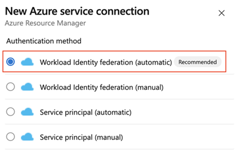Screenshot, der die Auswahl eines Workload-Identitätsdienst-Verbindungstyps zeigt.