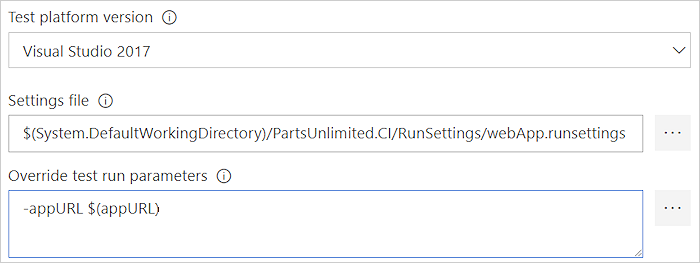 Screenshot zeigt die Übergabe von Parametern zum Testen von Code aus einer Build- oder Releasepipeline.