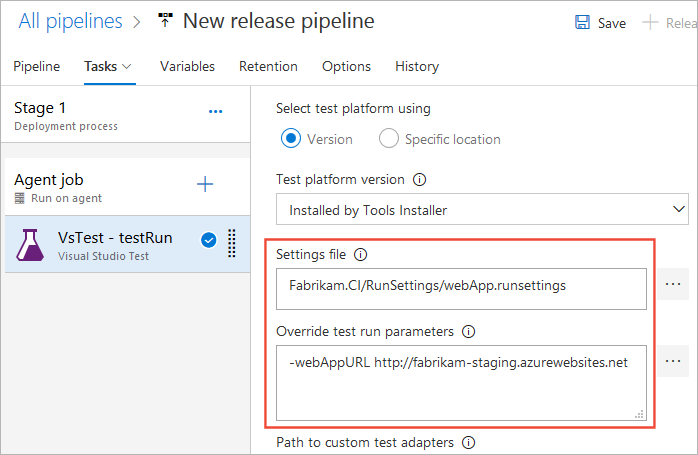 Screenshot zeigt die Angabe der Eigenschaften für die Visual Studio Test-Aufgabe.