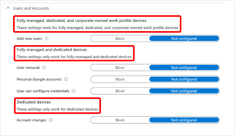 Screenshot: Einstellungsheader für Android Enterprise-Benutzer und -Konten und die Registrierungstypen, auf die sie in Microsoft Intune angewendet werden