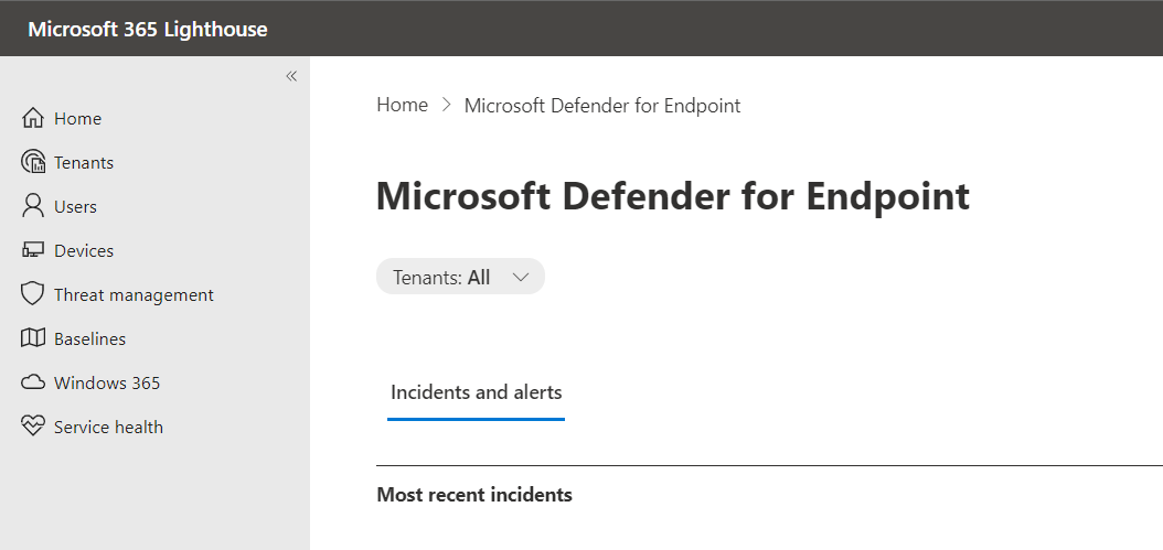 Screenshot der Liste der Vorfälle in Microsoft 365 Lighthouse