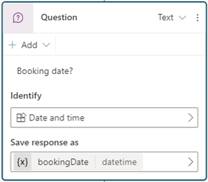Screenshot eines Frageknotens, für den eine Entität mit Datum und Uhrzeit ausgewählt und eine Variable festgelegt wurde.