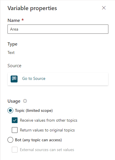 Screenshot des Erstellungsbereichs, der den Bereich mit den Variableneigenschaften mit der Auswahl von „Werte aus anderen Themen empfangen“ zeigt.