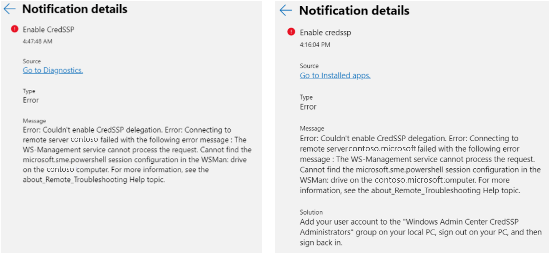 Ein direkter Vergleich der Fehlerbenachrichtigung für Endpunktberechtigungen für CRED S S P in Windows Admin Center.