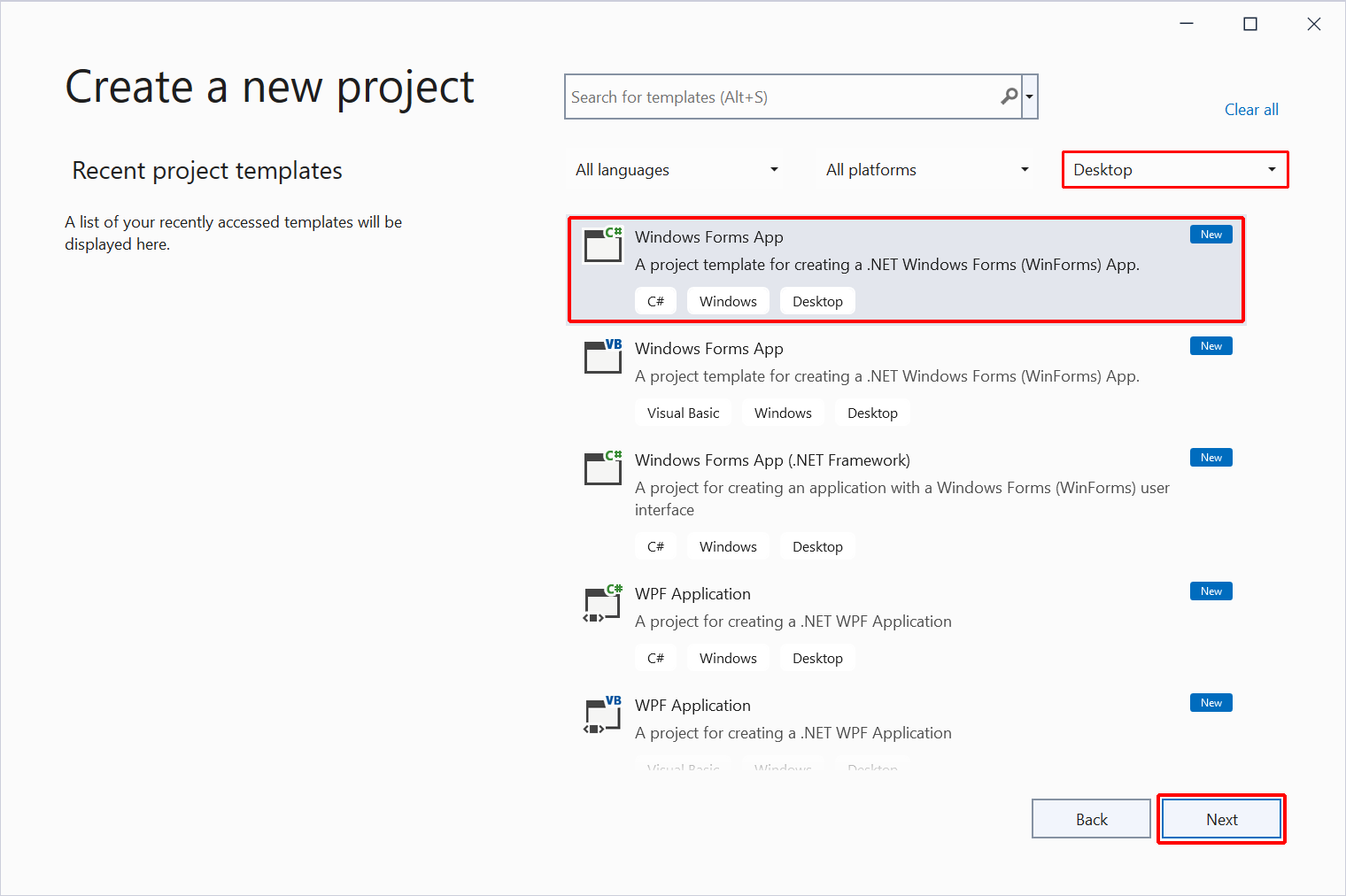 Erstellen eines neuen Projekts in Visual Studio.