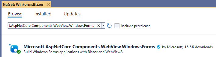 Verwenden des NuGet-Paket-Managers in Visual Studio, um das NuGet-Paket Microsoft.AspNetCore.Components.WebView.WindowsForms zu installieren.