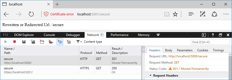 Add redirect to HTTPS: Browser window with developer tools tracking the requests and responses