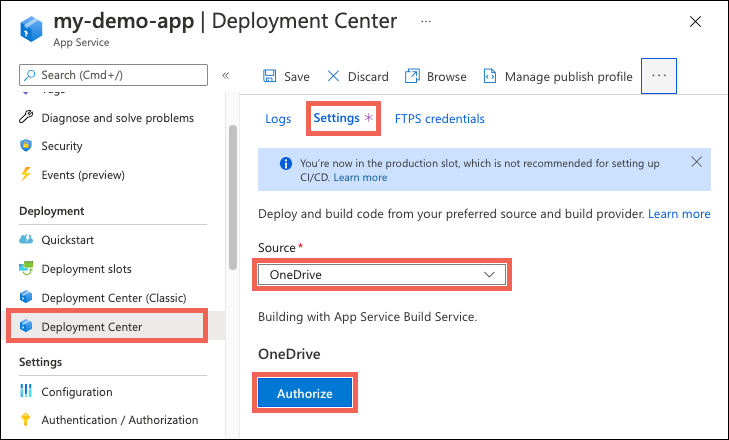 Shows how to authorize OneDrive or Dropbox in the Deployment Center in the Azure portal.