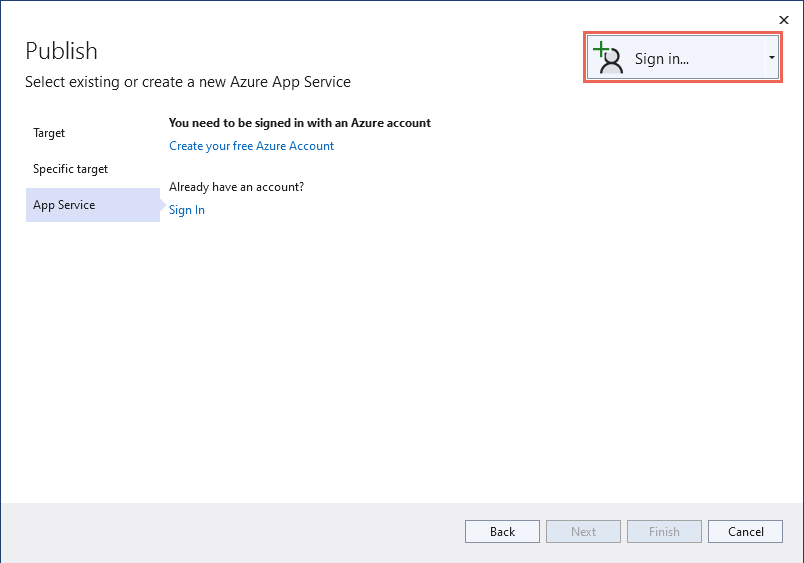 Visual Studio - Select sign in to Azure dialog.