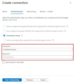 A screenshot showing how to enter username and password of SQL Database during service connection in the Azure portal.