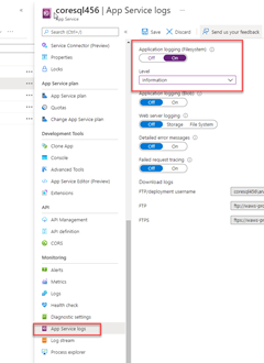A screenshot showing how to enable logging for the web app in the Azure portal.