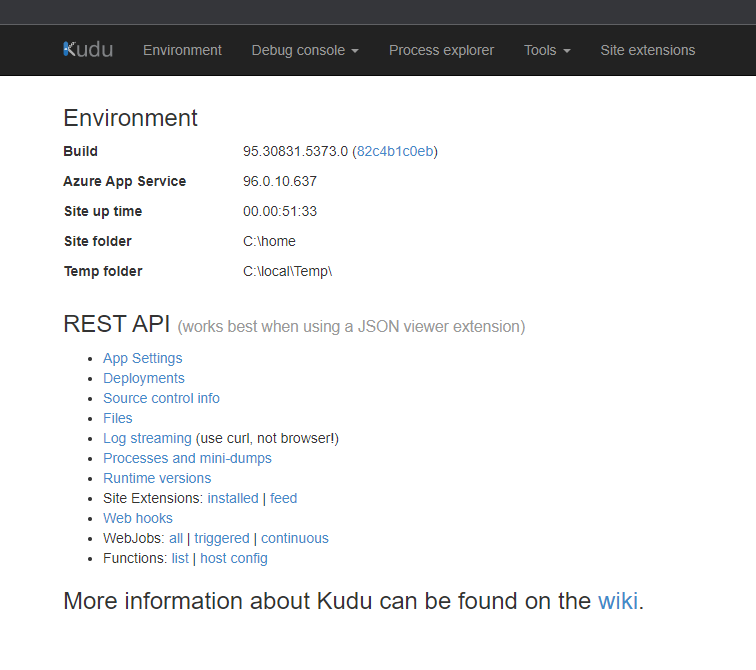 A screenshot showing the Kudu admin page.