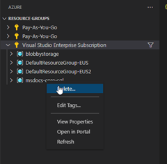 A screenshot showing how to delete a resource group in Visual Studio Code using the Azure Tools extension.