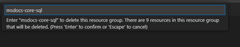 A screenshot of the confirmation dialog for deleting a resource group from Visual Studio Code.