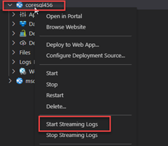 A screenshot showing the menu item used to enable application logging for a web app in Visual Studio Code.