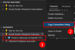 A screenshot showing how to copy the connection string for a Cosmos database to your clipboard in VS Code.