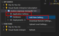 A screenshot showing how to add a config setting to an App Service in VS Code.