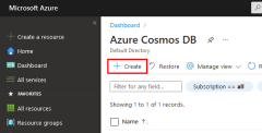 A screenshot showing the create button on the Cosmos DB page used to create a database.