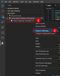 A screenshot showing how you deploy an application to Azure by right-clicking on a web app in VS Code and selecting deploy from the context menu.