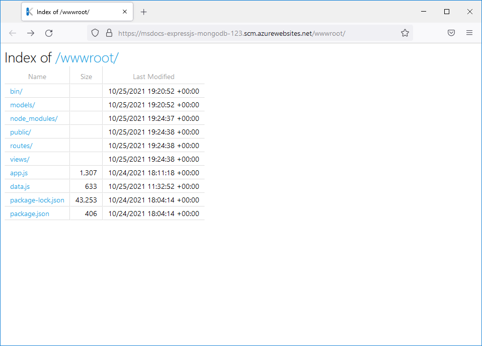 A screenshot of files in the wwwroot directory showing how Kudu lets you to see what has been deployed to Azure.