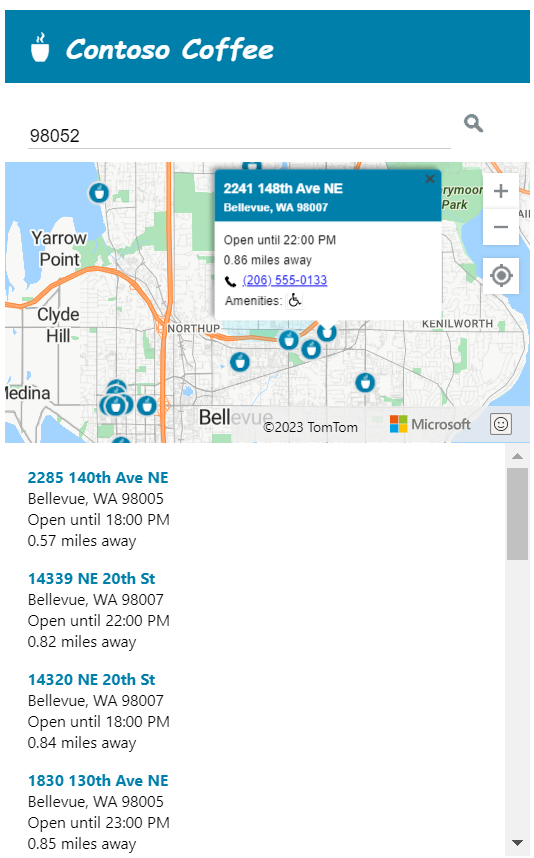 Ein Screenshot, der zeigt, wie die Contoso Coffee Store Locator-Anwendung auf einem mobilen Gerät aussieht.